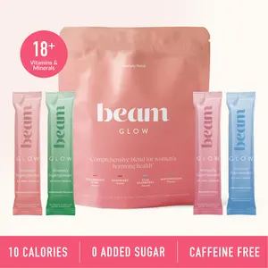 Beam Glow Women's Daily Superblend 4-Flavor Variety Pack, 30 single-serve packets per bag - Strawberry Kiwi (7), Raspberry (7), Blue Raspberry (8), Watermelon (8); Support Stronger Hair, Nails & Skin, Metabolism, Immunity and Hormone Balance