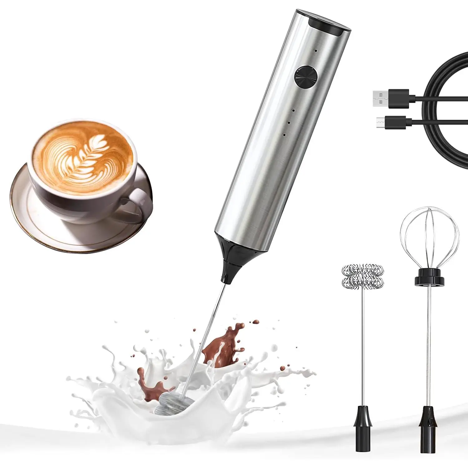 Rechargeable Milk Frother Wand Handheld, 3 Speed Adjustable Electric Drink Mixer with 2 Whisks, Stainless Steel Stirrer for Coffee, Lattes, Protein Shakes, Matcha, Egg