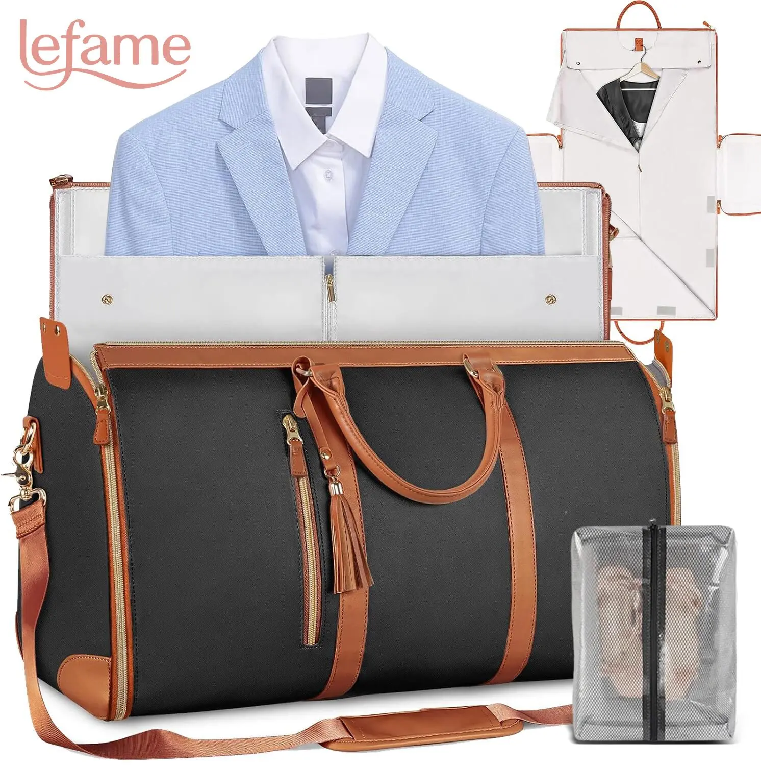 Lefame Travel Garment Duffle Bag with Shoe Compartment, Carry-On Weekender Bag for Men and Women, Foldable Overnight Bag with Suit Compartment, Organized Pockets and Adjustable Shoulder Strap