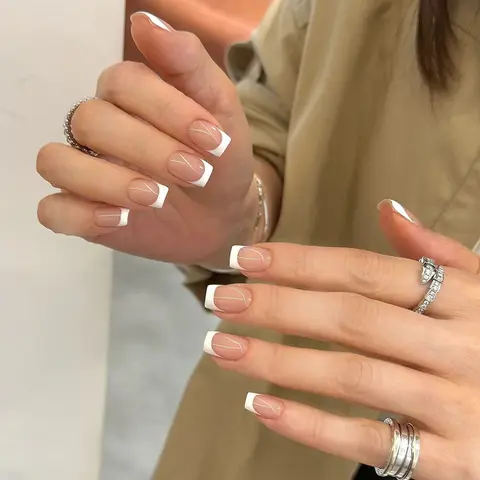 Set of 24 Short Square False Nails, Nude French Design, Glossy Finish, Reusable Nail Accessories for Parties and Daily Wear