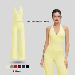 Women's 2-Piece Stretchy Sports Wear Set - V-Neck Halter Top & High-Waisted Flare Leggings, NVWA Mother's Day Gift, Training Clothes, Matching Workout Attire for Pilates, Athleisure Wear,summervibes