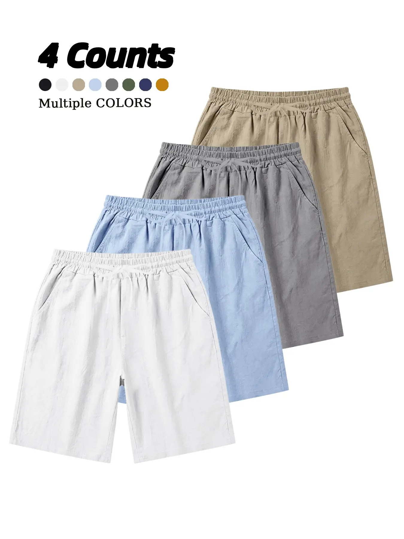 Men's Solid Color Plain Linen Blend Casual Shorts 4-Pack, Drawstring Waist Summer Beach Sports Five-Quarter Pants, Breathable and Comfortable, Menswear, Drawstring Waistband Shorts, Drawstrings Shorts