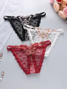 3-Pack Sexy Style Butterfly Embroidered Mesh Triangle Thong for Women | Low Rise Low Waist Lace Panty | Seamless & Breathable Underwear Lingerie
