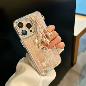 Phone case Cover Protective suitable for iPhone | Electroplated mirror painting | Atmosphere lace flower | Ringflower tassel | Best friend gift | 11 12 13 14 15 16 17 Pro Max Casing Protector