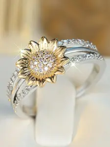 Sunflower Design Artificial Gemstone Ring, Rhinestone Decorated Ring for Women, Elegant Glittering Ring, Fashion Jewelry Accessories for Party, Daily Clothing Decor, Birthday Gift