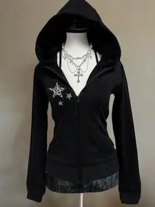 Women's Zipper Hooded Jacket, Campus Style, Simple Basic Design, Youthful Casual Fashion, Trendy Sportswear, Versatile Star Print, Casual Hoodie