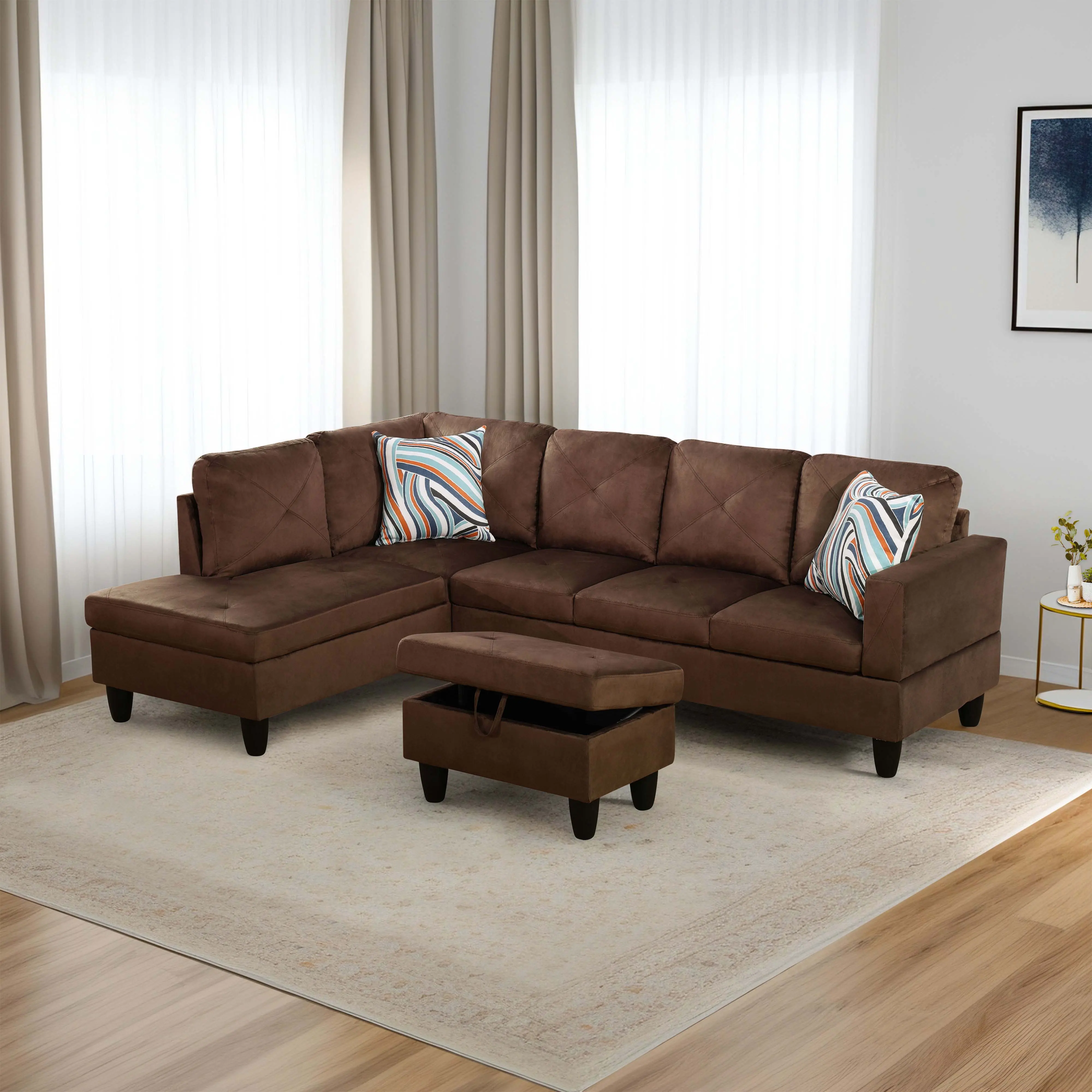 3-Piece Modern Mocha Microfiber Sofa Set, Faux Suede Living Room Couch, Soft Upholstered Indoor Furniture with Wood Legs for Contemporary Homes