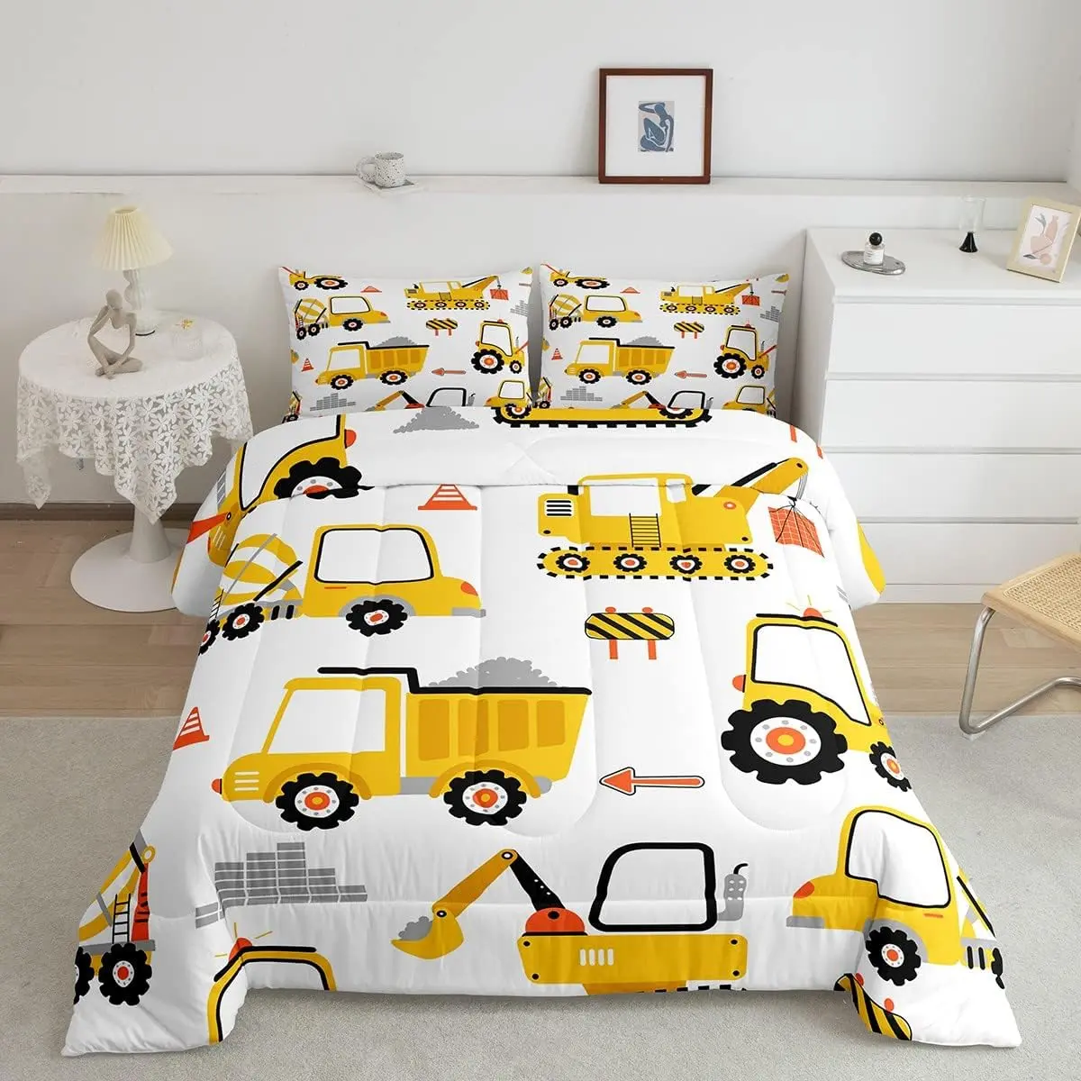 Feelyou Kids' Cartoon Construction Car Themed Duvet Comforter Set - Toddler Bedding Set, Breathable Bed Cover, Car Themed Blanket, Twin Size, Bedroom Decor