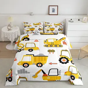Cartoon Car Comforter Set,Construction Comforter,Equipment Trucks Bedding Set,Breathable Cartoon Yellow Car Excavator Tractor Duvet Set