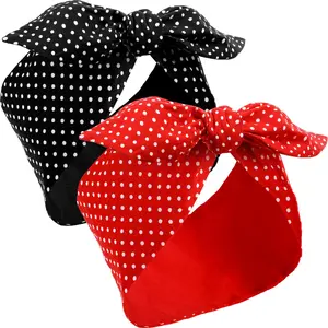2 Pieces Head Scarf for Women - Retro 1940s Head Scarf Bandana Headband - Red Black Boho Bow Headbands - Vintage Rabbit Ear Hairband - Girls Hair Accessories (Lovely Dot)