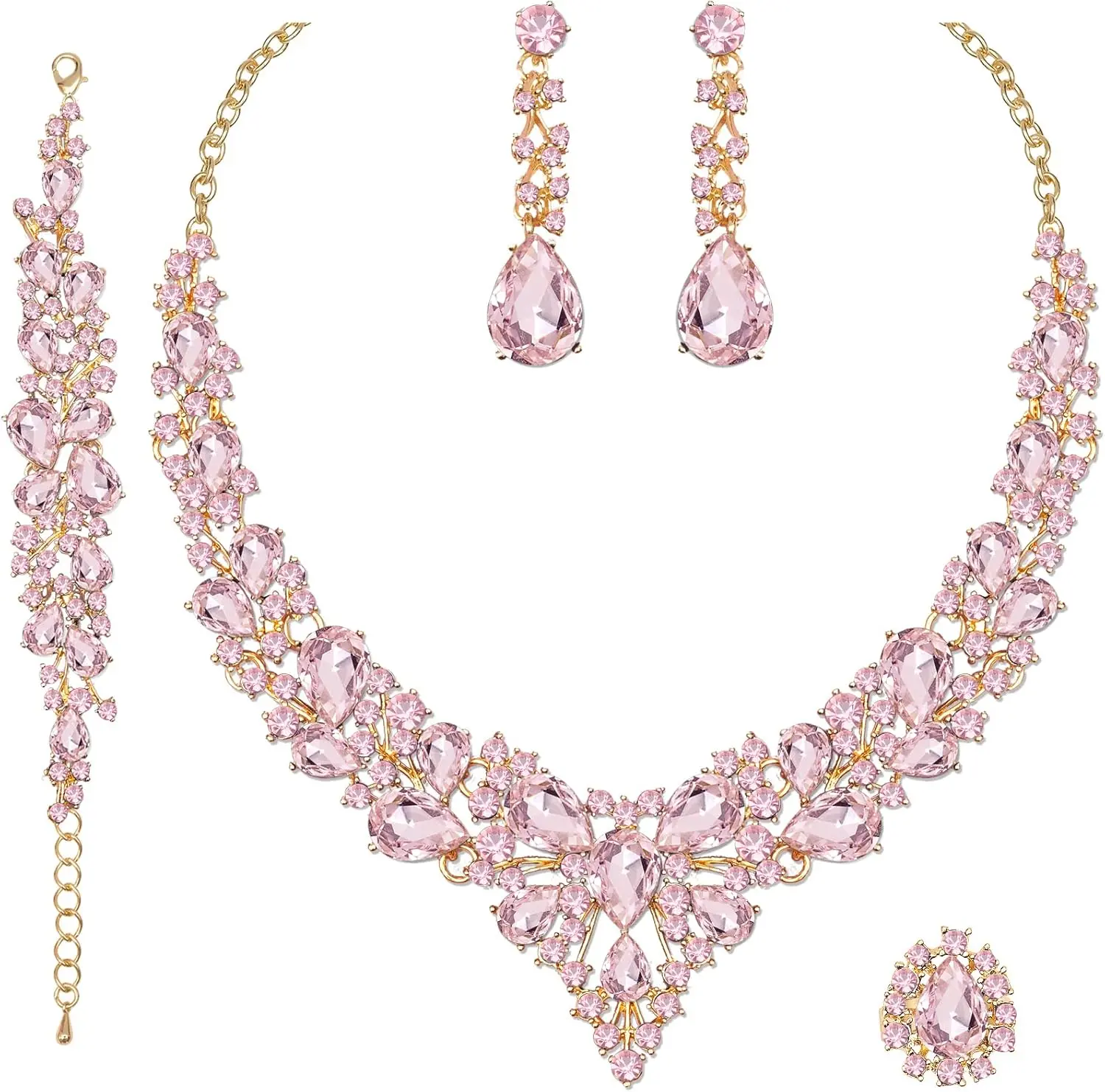 Women's 4-Piece Multicolour Austrian Crystal Bridal Jewelry Set - Female Adults' Gold Necklace, Earrings, Bracelet & Ring, Wedding Costume Fashion Accessories, Gold Necklace And Earring Set, Wedding Costume Accessories
