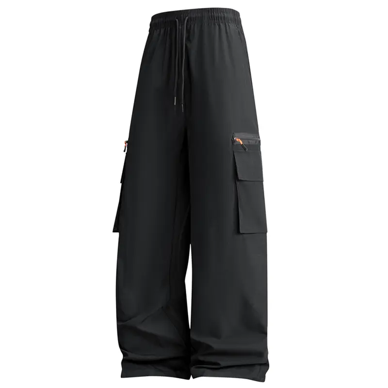 Men’s Polyester Fiber Solid Plain Multi-Pocket Cargo Wide-Leg Pants - Casual Spring/Autumn Wear, Elastic Waistband, Drawstring Cuffs, Abrasion-Resistant, Functional Outdoor Long Pants for Men
