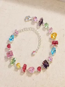 Rainbow Gradient Crystal Bracelet - Gold-Plated Multi-Shaped Gemstone Link Jewelry with Heart Clasp & Adjustable Chain Sweet & Edgy Versatile Accessory Stackable Bracelet