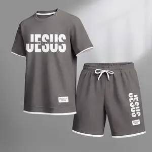 Men's Jesus Salvador Print Waffle Fabric Short-Sleeved Shirt And Shorts Set