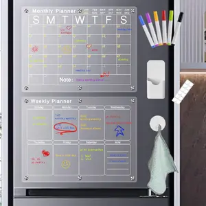 Magnetic Acrylic Calendar for Fridge, 2 Pcs Clear Dry Erase Board of Monthly & Weekly Calendar for Refrigerator Reusable Planner Board Decor Set