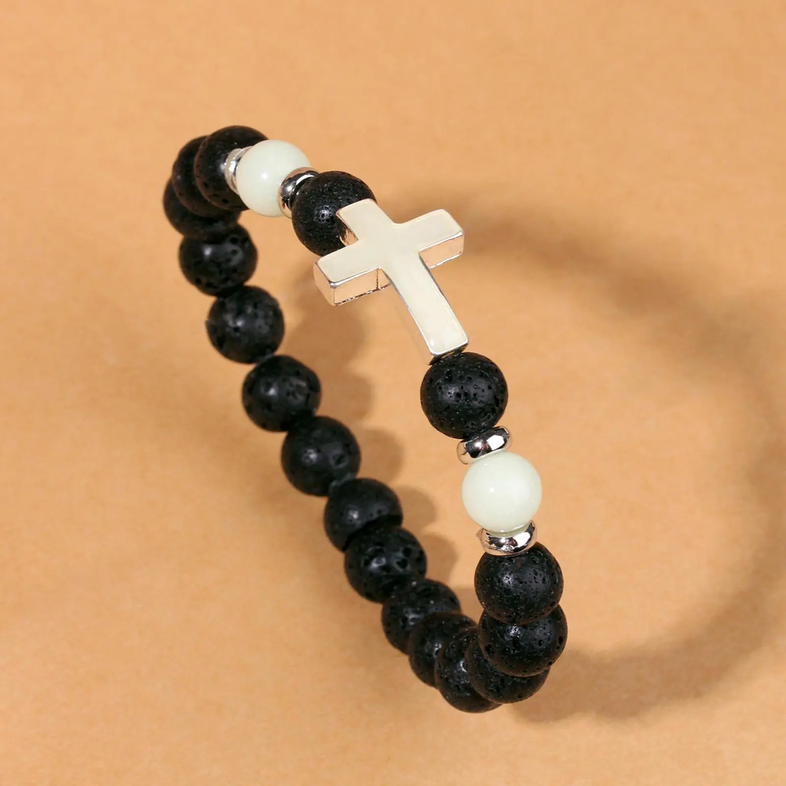 Unisex Luminous Crosses Bracelet, 8mm Natural Stone Beads, Adjustable Casual Beading Chain for Daily Wear