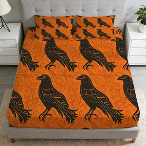 2/3 Pcs Black Crow Design Pattern Fitted Sheet Set(1*Fitted Sheet+1/2*Pillowcase,No Filling),High-Definition Digital Printing,Soft And Comfortable Fabric,Suitable For All Year Round,Perfect Gift For Family And Friends On Festivals!