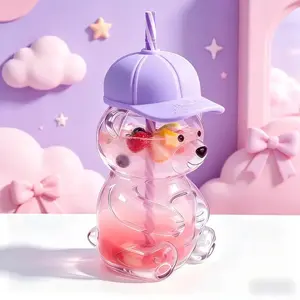 Cute Bear Shaped Glass Cup Bottle, 20oz Capacity, Hat Lid, Ideal for Coffee, Juice, Milk, Tea, Includes Free Straw and Lid
