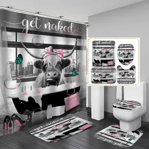 Cow Pattern Bathroom Decorations, 4 Counts/set Including Shower Curtain & Toilet U-shape Mat & Bathroom Mat & Toilet Lid Cover, Bathroom Accessories, Shower Curtain Sets