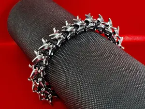 Gothic Antiqued Silver Metal Dragon Bone Adjustable Bracelet Punk Unisex Medieval Handmade Vertebrae Beads Drawstring Closure
