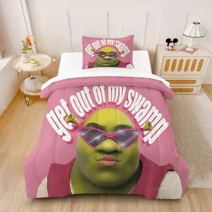 Nostalgic Shrek Meme printed quilt and 1/2 pillowcase (not including filling), anti-pilling, warm bedding for children and adults, perfect gift for meme and nostalgia fans, "Get Out of My Swamp" pink Shrek comfort bedding set.