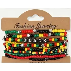 Juneteenth Bracelet Set – Black | Colorful African Beaded Stack | Boho Elastic Bracelets | Red, Black, Green Festival Jewelry (Unisex) (Copy)