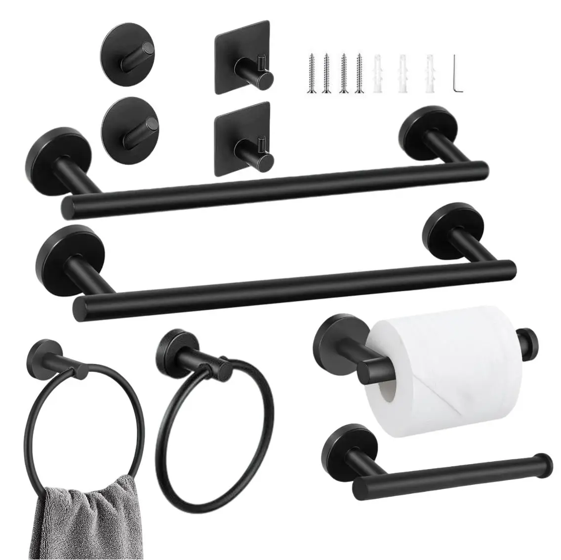 10-Pc Heavy-Duty Brushed Nickel Stainless Steel Bathroom Hardware Complete Kit - 16-in Towel Bar, Toilet Paper Holder, Multifunctional Hooks, 22 lbs Load Capacity for Bath Storage Solutions