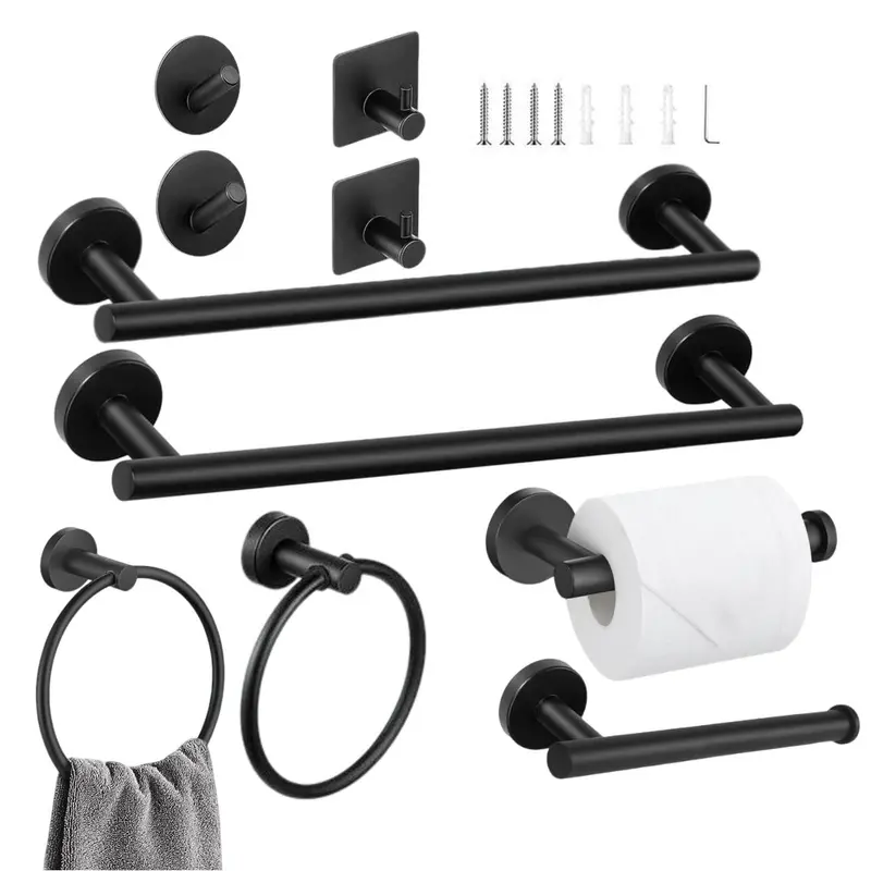 Heavy-Duty 10-Pc Brushed Nickel Stainless Steel Bathroom Decor Set - 16-in Towel Bar, Toilet Paper Holder, Multifunctional Hooks, 22 lbs Load Capacity, Seamless Installation Instructions, Invisible Screws, Classic Daily Bath Storage Solution