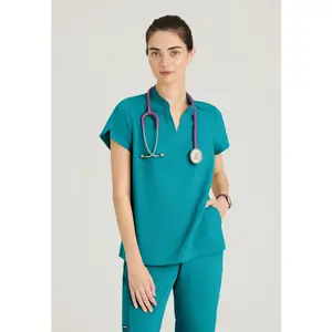Grey's Anatomy Spandex Stretch Avery 2-Pocket Banded Collar Tuck In Scrub Top