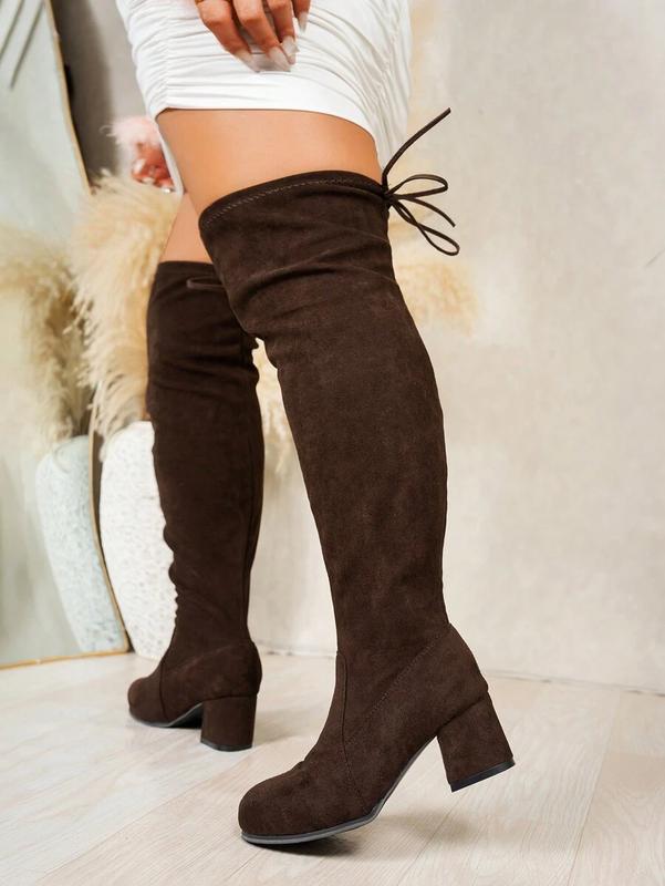 Chunky Heel Over-The-Knee Boots, Wide Calf, Brown, Round Toe, Elastic Shaft, Anti-Slip High Heel Boots For Women