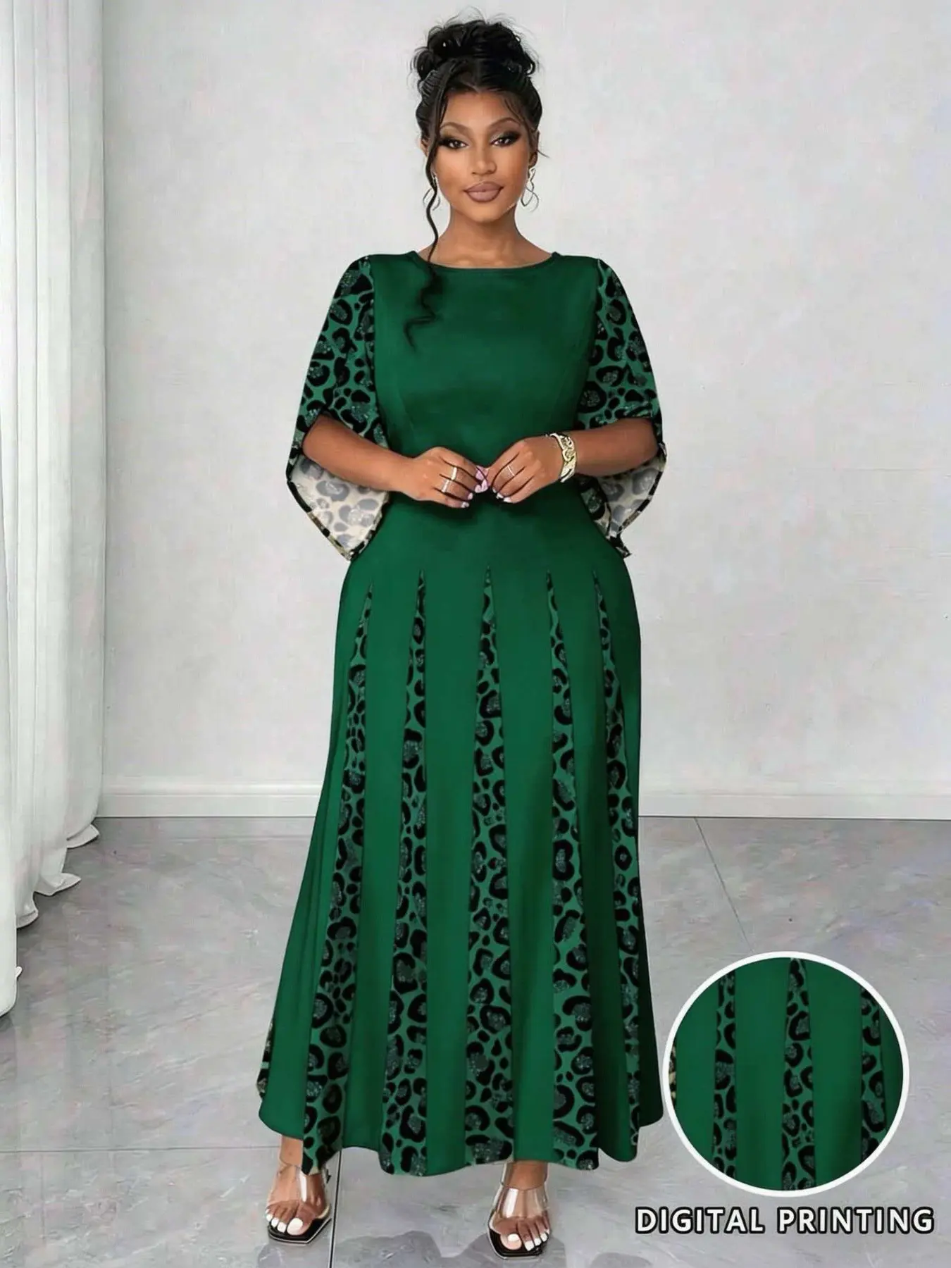 green leopard silk dress Emerald Green Leopard Print Satin Angel Sleeve Wrap Skirt Midi Dress –  Pretty Kitty Fashion main image 1