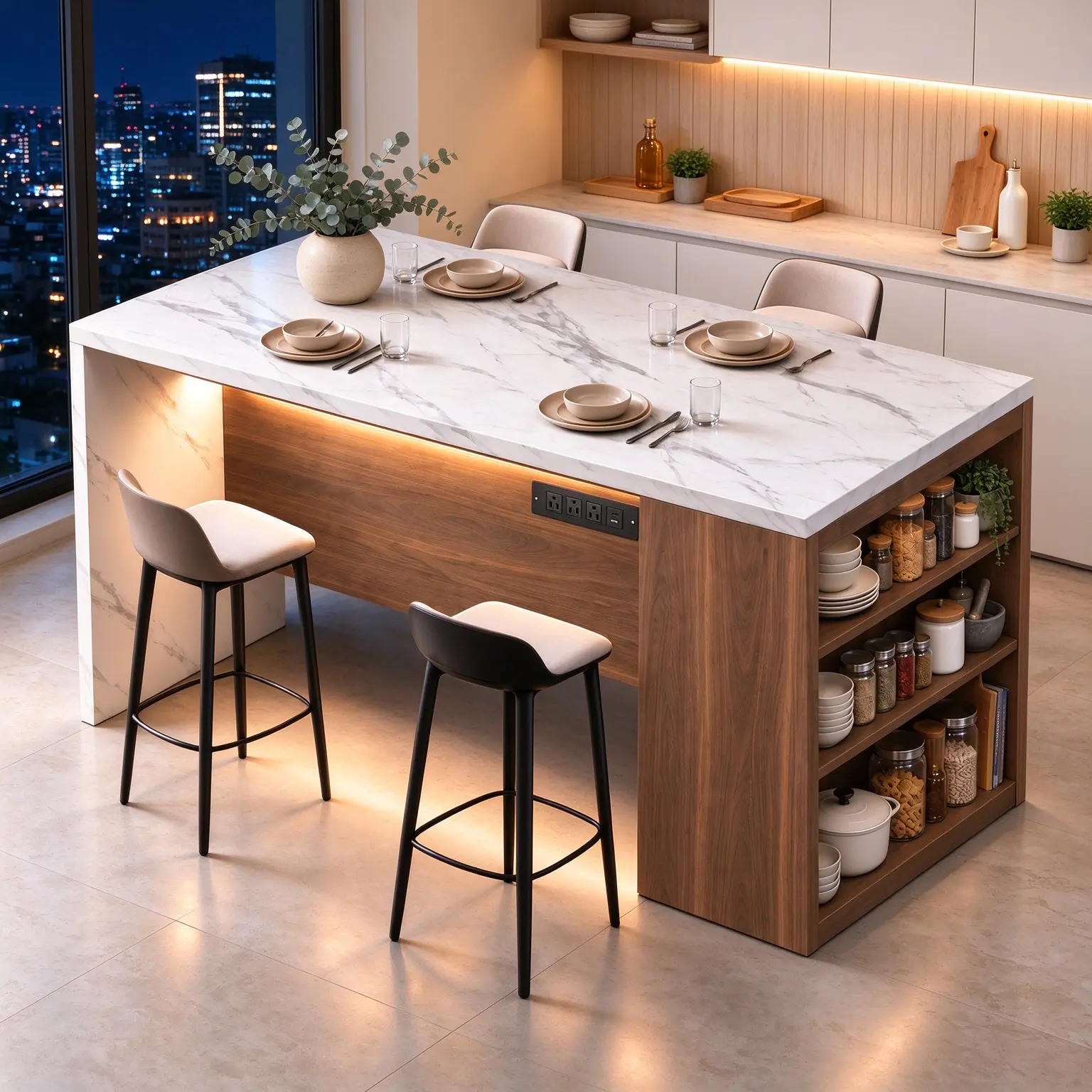 63" Large Faux Marble Kitchen Island Table,3-Tier Storage, Power Outlet, LED Lights, Easy Setup Modern Indoor Dining Table for 6, Home Decor Furniture