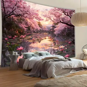 1pc - Extra Large Size - Charming Evening Cherry Blossom Lake Landscape Photo Tapestry, Polyester Aesthetic HD Printed Wall Hanging, Living Room Bedroom Office Home Room Party Decoration, Wall Decoration, No Installation Required