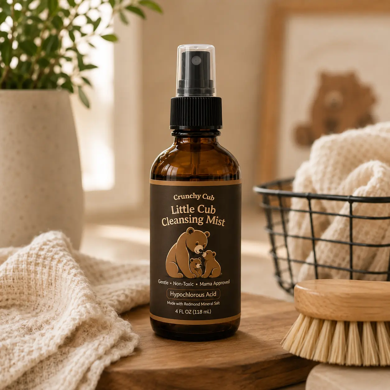Crunchy Cub Hypochlorous Acid Spray for Babies, Kids & Adults - Fragrance-Free Non-Toxic Multi-Use Spray, Safe for Hands, Skin, Surfaces, High Chairs, Toys & Messes - Cleanses Surfaces and Hands, 4 oz Glass Bottle