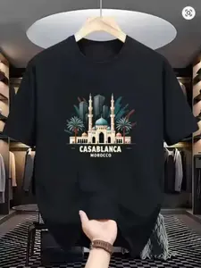 Men's Casablanca Mosque Print T-Shirt, Loose Fit Cotton Short Sleeve, Casual Moroccan Style, Summer New Arrival, No Collar, China