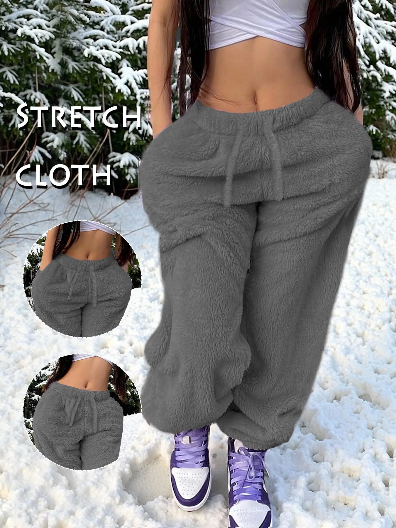 GILIPUR Winter Adjustable Fleece Drawstring Pants, Basic Casual Warm Sweatpants, High Waist Elastic Loose-Fitting, Fall & Winter Fashion Womenswear