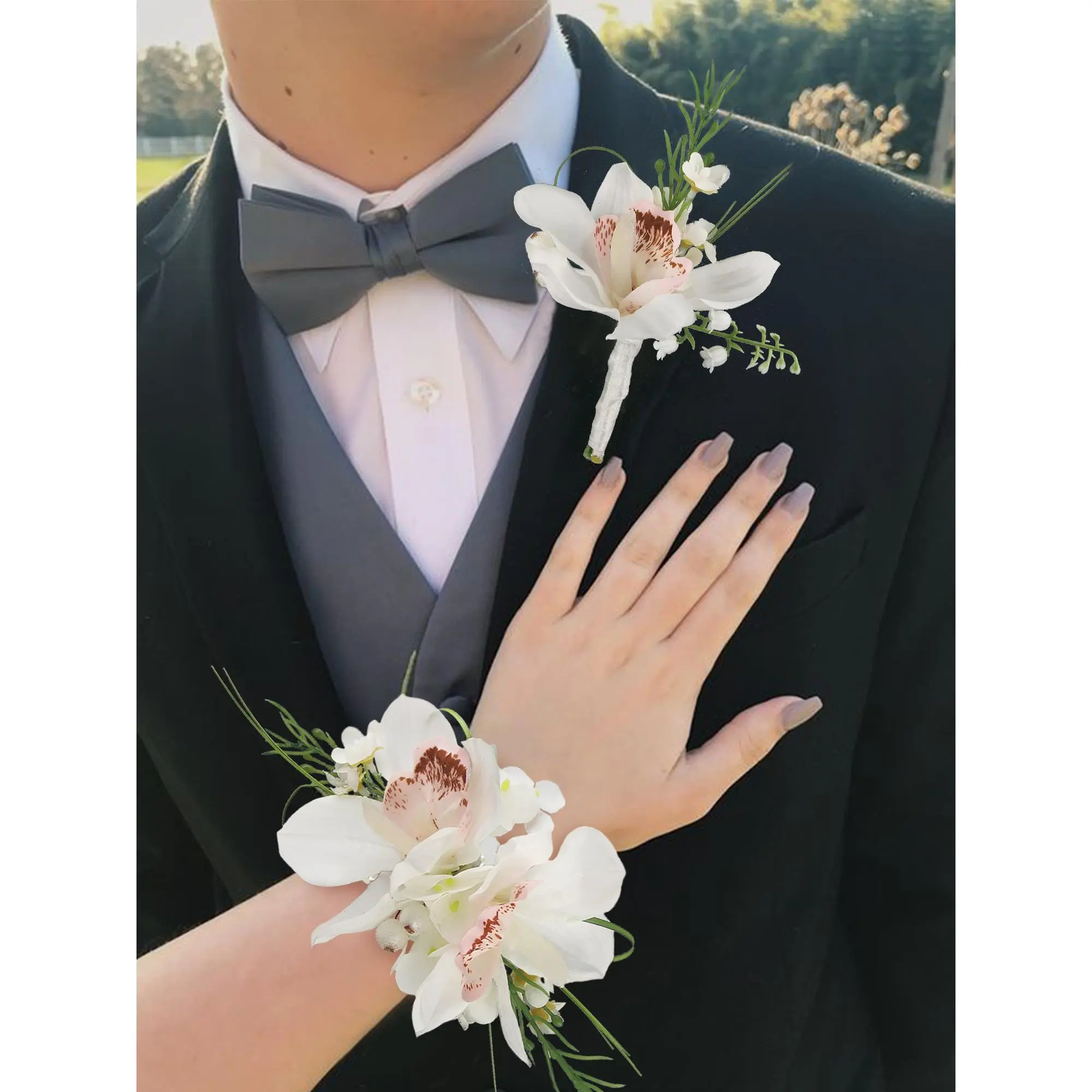 Rinlong High-Quality Compact Silk Flowers 2-Piece Corsage and Boutonniere Set - White Boat Orchid with Thoughtful Design Greenery for Weddings