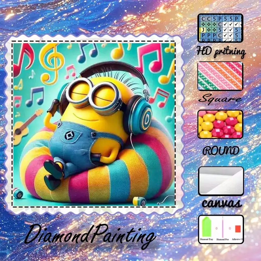 5D-DIY, advanced velvet canvas, HD Printing, diamond art, diamond painting kit, Handmade Gifts, minions, music, rainbow AB diamonds, crystal diamonds, Round, home decoration, handmade diamond art painting kit, special craft diamond art kit