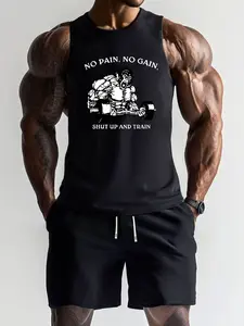 Men's Round Neck Sleeveless T-Shirt + Drawstring Shorts Set, Casual Comfortable Summer, Gorilla Dumbbell Print Design