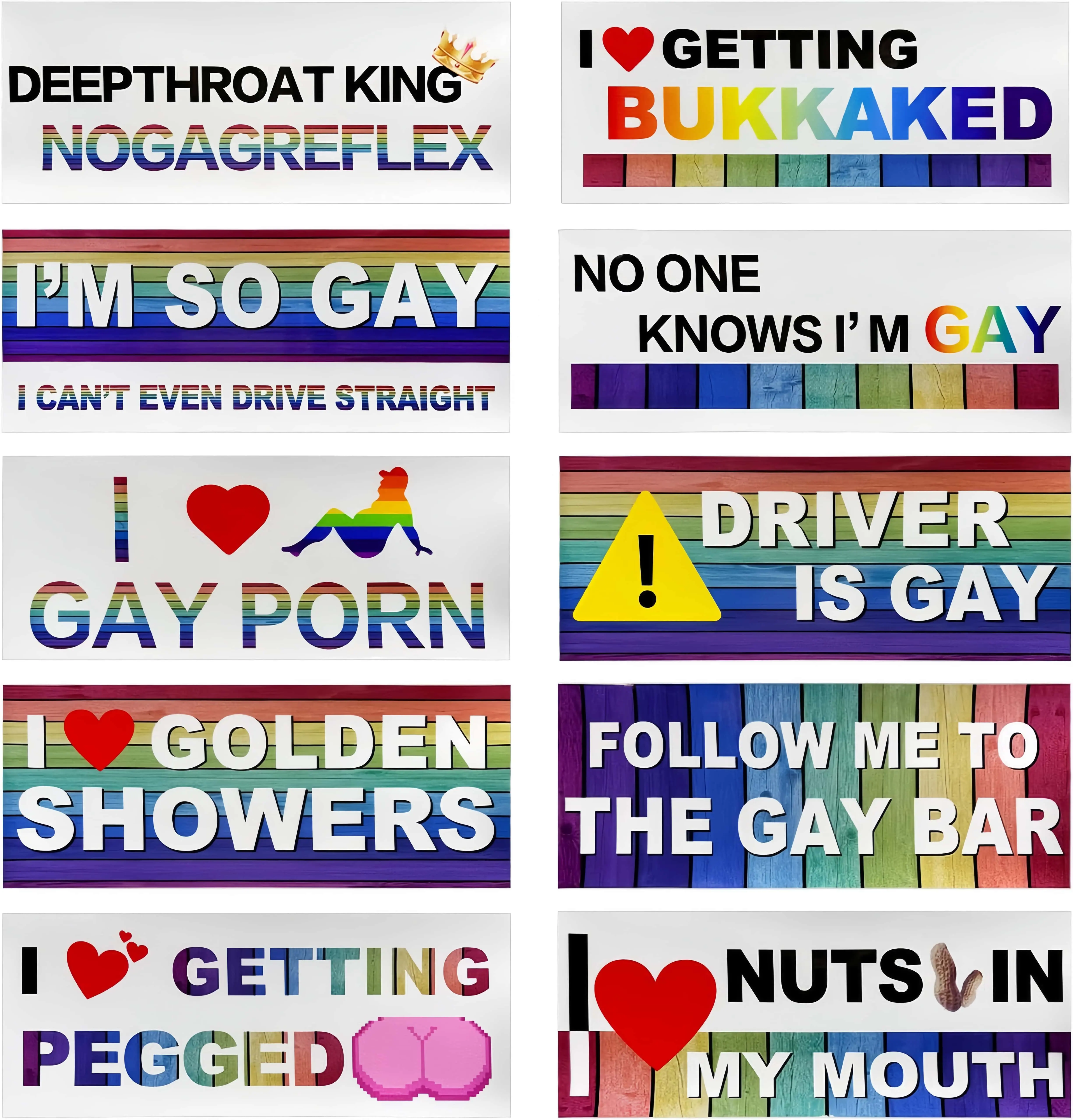 10-Pack Long Wearing Waterproof Vinyl LGBT Pride Funny Graphic Car Stickers - Vehicle Exterior Decoration Accessory, Humor Text Prank Decals for Car, Luggage