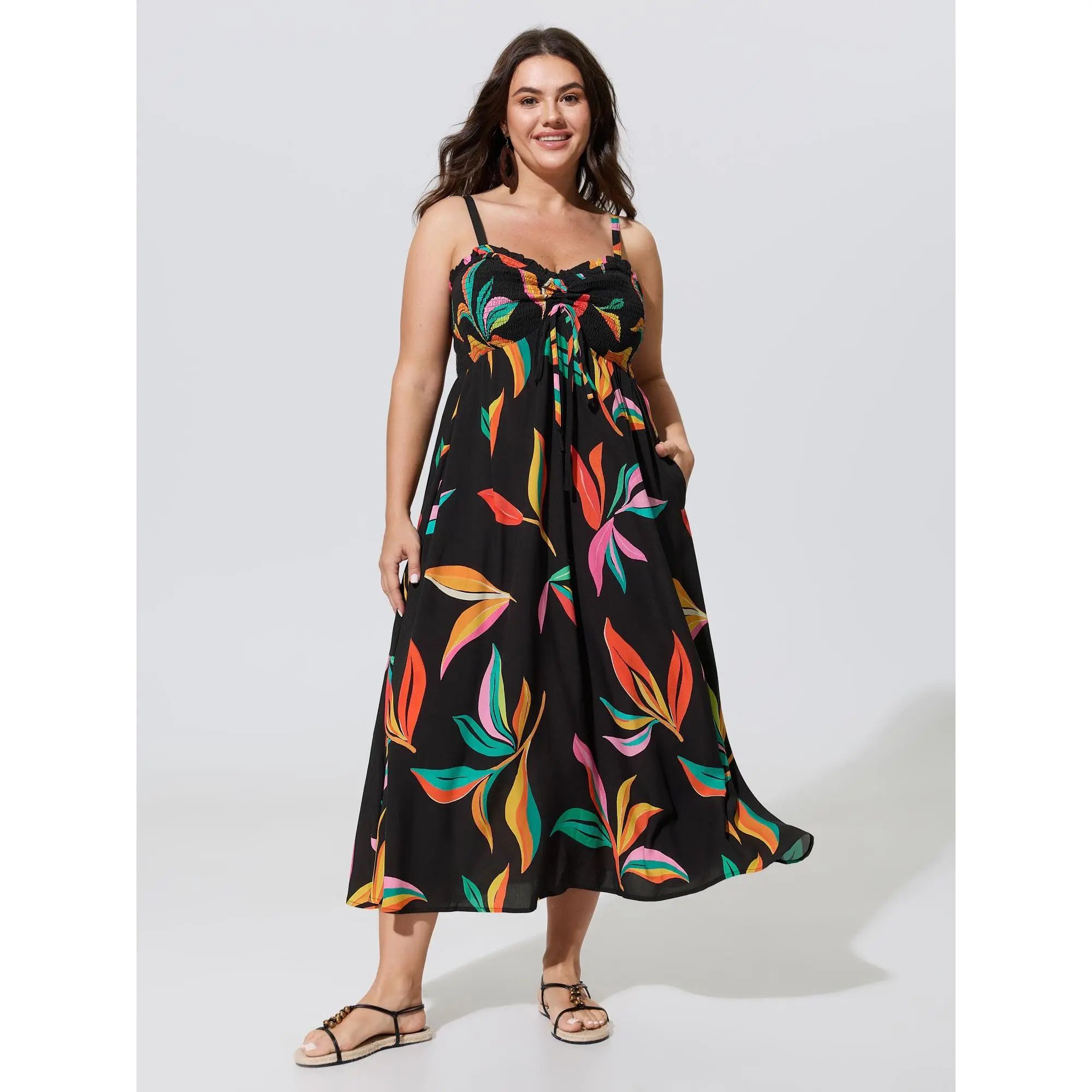 BLOOMCHIC Plus Size Supersoft Leaf Print Shirred Bust Friendly Midi Dress[M-6X] Summerfinds