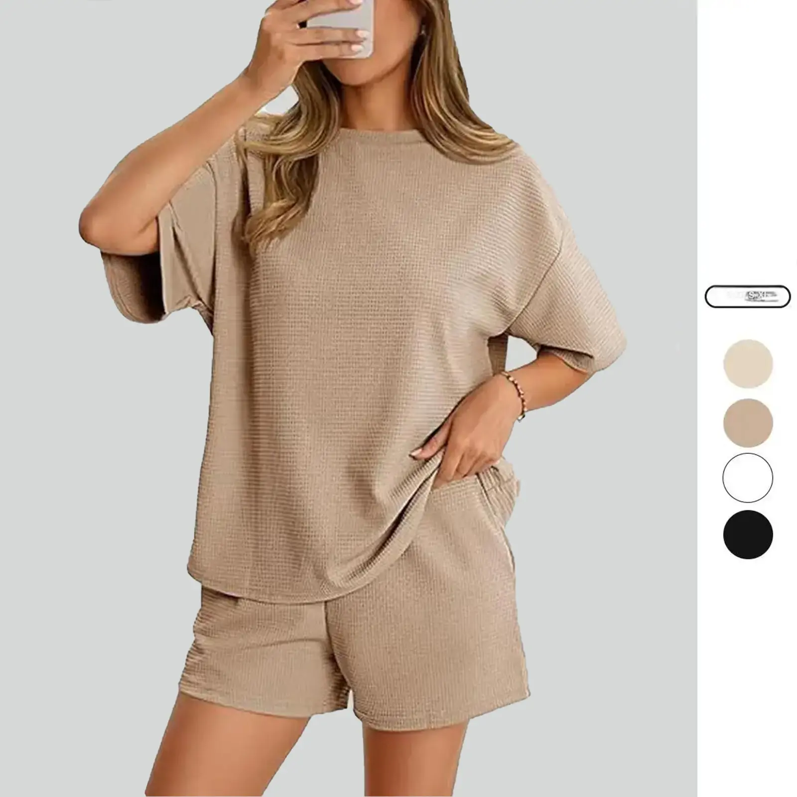 Imily Bela Womens Waffle Knit 2 Piece Outfits Casual Short Sleeve Shirts and Shorts Sets Loose Fit Summer Outfits