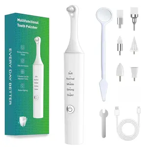 Electric tooth polisher with LED light, 5 adjustable modes, 8 replacement heads, rechargeable teeth stain remover and plaque tartar cleaner, professional oral care tool for adults