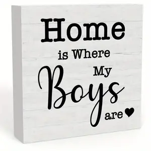 Home Is Where My Boys Are Letter Pattern Desktop Ornament, 1 Count Square Shape Foam Desktop Ornament, Tabletop Decoration for Home Office Dormitory Living Room, Vintage Plaque Decor, Home Decor Products, Plaque Gift