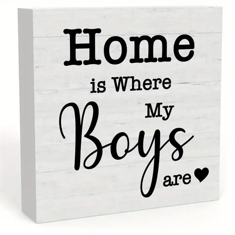 Home Is Where My Boys Are Letter Pattern Desktop Ornament, 1 Count Square Shape Foam Desktop Ornament, Tabletop Decoration for Home Office Dormitory Living Room, Vintage Plaque Decor, Home Decor Products, Home Decor Gifts, Plaque Gift, Decoration Items