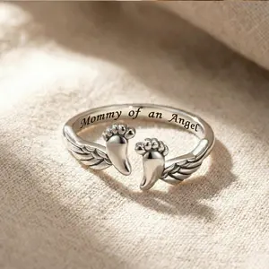 Mommy of an Angel Angel Wing Footprint Memorial Miscarriage Remembrance Adjustable Ring for Women Loss of Son or Daughter