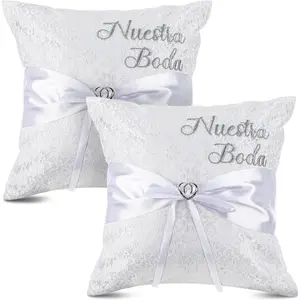 2pcs Wedding Embroidered Kneeling Pillows Nuestra Boda 18 x 18 Inch Embroidered Prayer Pillow Satin and Lace Kneeling White/Silver, Cojines para Boda, Decoracion(Without Pillow)