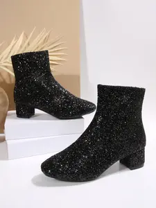 2026 New Sequined Chunky Heel Short Boots, Fashion Boots with Full Sequins, Zipper Design for Easy Wear, Perfect for Parties and Dates