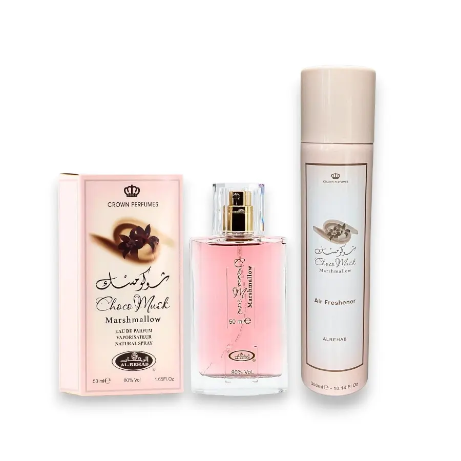 Oudlash Bundle | Al Rehab Choco Musk Marshmallow + Choco Musk Marshmallow Air Freshener | Unisex Fragrances | 100ML/300ML | Marshmallow, Strawberry, Amber