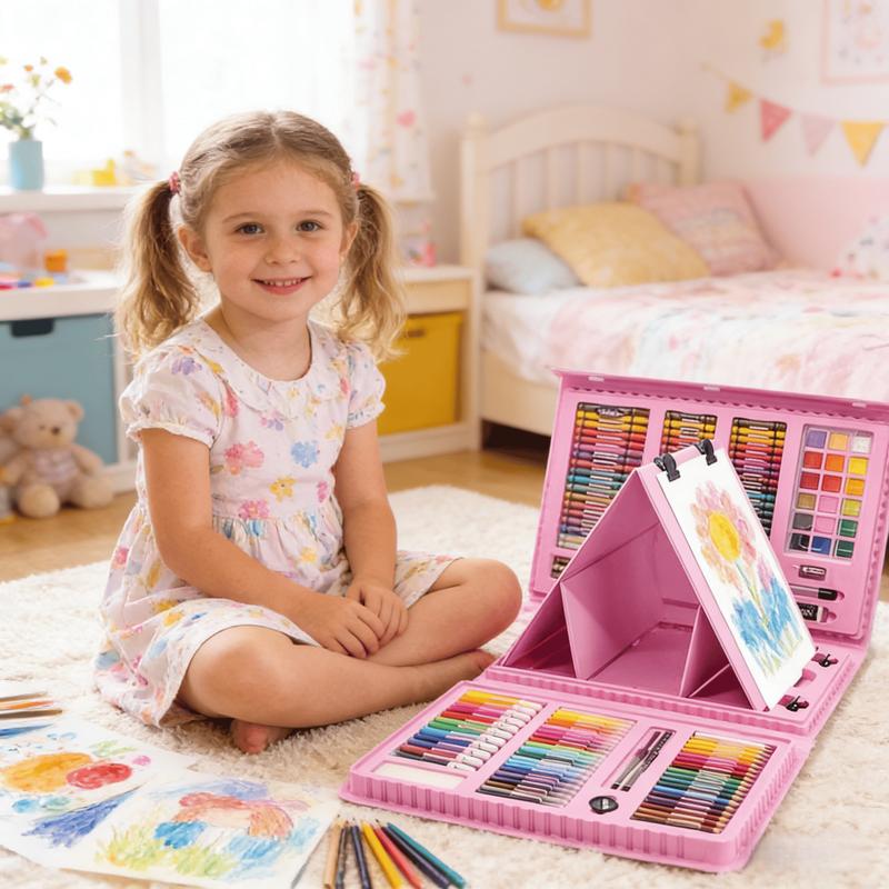 208 PCS Art Supplies, Drawing Art Kit for Kids, Art Set with Double Sided Trifold Easel, Oil Pastels, Crayons, Colored Pencils, Watercolor Pens Gift for Girls and Boys, Pink